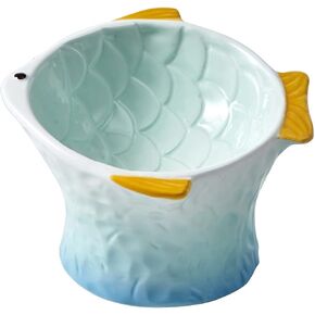 Ceramic Raised Cat Food Bowl Pet Bowl with Anti-Slip Band,Slanted Cat Dish, Tilt Angle Protect Cat's Spine,Blue Gradient Fish Shape
