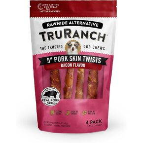 5" Medium Pork Skin Twists, Bacon Flavor, Made with Real Pork Skin, Rawhide Alternative, Healthy Dog Chews, 1 bag, 4 Count