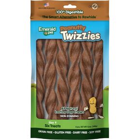 Emerald Pet Twizzies Rawhide Free 100% Digestible Natural Dog Lasting Chew Treats, Made in USA, Size 9 Peanutty Peanut Butter Multipack
