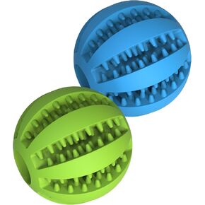 Dog Treat Toy Ball, Non Toxic Teething Chew Toy Ball, Interactive & Teeth Cleaning Ball, (Pack of 2 Balls- Blue & Green) 2.8"