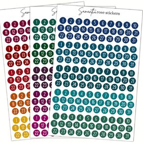 Jewel Toned Circle Date Sticker Bundle, Numbered Dot Planner Stickers, Approx. 0.3" x 0.3" Sticker Size, Each Sheet is 4.5 x 7.25" Sticker Sheet, 3 Sheets, 372 Total Stickers