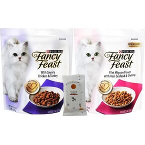 Variety Pack (2) Fancy Feast Gourmet Dry Cat Food (Chicken and Turkey, Filet Mignon) 16-oz Bags with AuroraPet Wipes