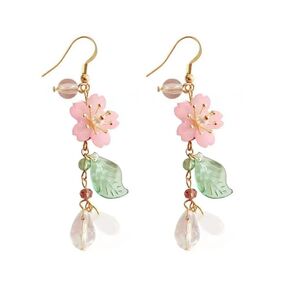 Tassel Flower Dangle Earrings for Women Cute Leaf Sakura Leaf Earrings Asymmetric Charm Flower Leaf Petal Earrings Dainty Cherry Blossom Spring Earring Weddings Jewelry (Purple)
