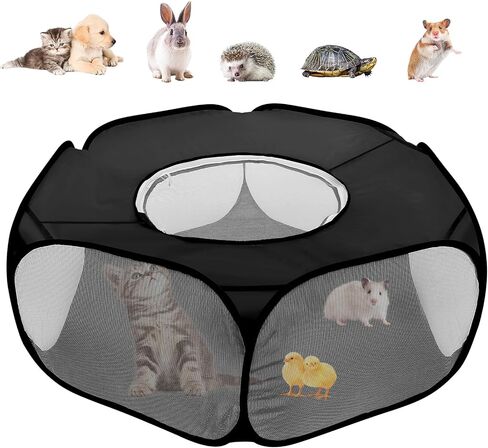 Small Animal Playpens with Top Cover, Foldable Breathable Small Pets Cage Tent Outdoor Indoor Portable Play Pen for Guinea Pig Hedgehog Hamster Cat Rabbit Bunny Puppy Ferret Rat Chicks (Black) in Saudi Arabia