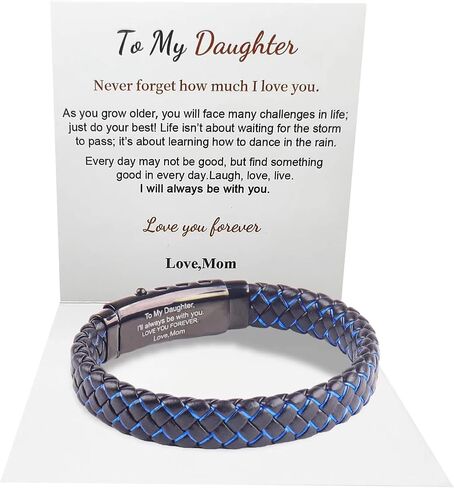 سوار من الجلد المضفر باللون الأزرق من To My Daughter، سوار من الجلد المضفر باللون الأزرق، أحبك إلى الأبد، سوار من الجلد المضفر المقاوم للصدأ للرجال، هدية عيد ميلاد التخرج in Kuwait