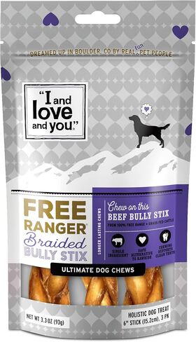 I AND LOVE AND YOU" Free Ranger Braided Bully Stix, Grain Free, Low Odor, 100% Beef Pizzle Dog Chews, Rawhide Free, 6 Inch 3 Count in Kuwait