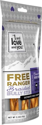 I AND LOVE AND YOU" Free Ranger Braided Bully Stix, Grain Free, Low Odor, 100% Beef Pizzle Dog Chews, Rawhide Free, 6 Inch 3 Count in Kuwait