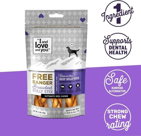 I AND LOVE AND YOU" Free Ranger Braided Bully Stix, Grain Free, Low Odor, 100% Beef Pizzle Dog Chews, Rawhide Free, 6 Inch 3 Count in Kuwait