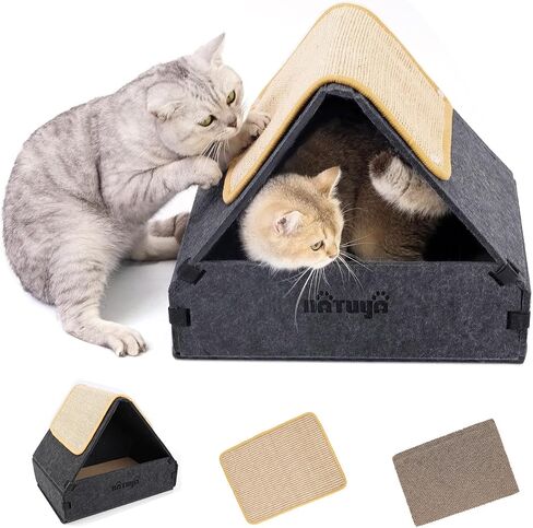 NATUYA Cat Scratcher House with Cardboard Sisal Scratching Pad, Indoor Sturdy Cozy Cats Hideaway Box Bed Hut for Pet Kitten Cats Play Nap Scratch, Detachable & Easy Assembly in Kuwait