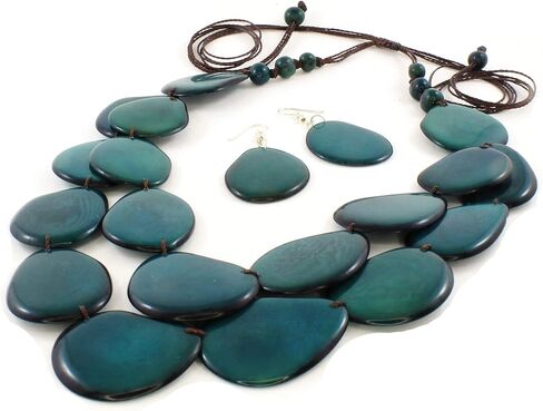 Teal Green Statement Necklace Set made of Tagua Nut, Double Layer Ethnic Artisan Jewelry for Women in Saudi Arabia
