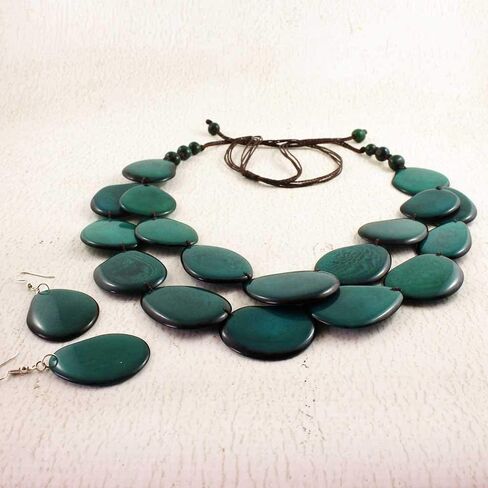 Teal Green Statement Necklace Set made of Tagua Nut, Double Layer Ethnic Artisan Jewelry for Women in Saudi Arabia