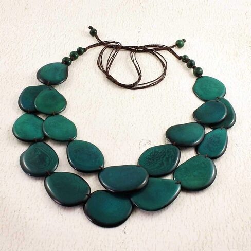 Teal Green Statement Necklace Set made of Tagua Nut, Double Layer Ethnic Artisan Jewelry for Women in Saudi Arabia