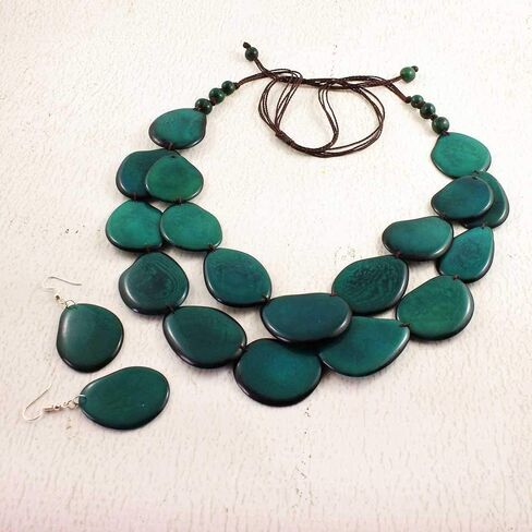 Teal Green Statement Necklace Set made of Tagua Nut, Double Layer Ethnic Artisan Jewelry for Women in Saudi Arabia