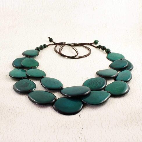 Teal Green Statement Necklace Set made of Tagua Nut, Double Layer Ethnic Artisan Jewelry for Women in Saudi Arabia