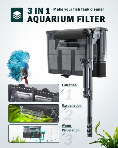 AQQA Hang On Back Aquarium Filter, Upgrade Activated Carbon Biochemical Filteration Adjustable Waterfall with Auxiliary Skimmer Fish Tank Filter for Filtration Oxygenation Circulation (9-16 Gallon) L in Saudi Arabia