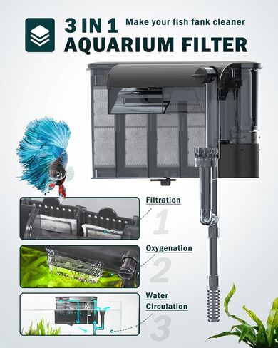 AQQA Hang On Back Aquarium Filter, Upgrade Activated Carbon Biochemical Filteration Adjustable Waterfall with Auxiliary Skimmer Fish Tank Filter for Filtration Oxygenation Circulation (9-16 Gallon) L in Saudi Arabia