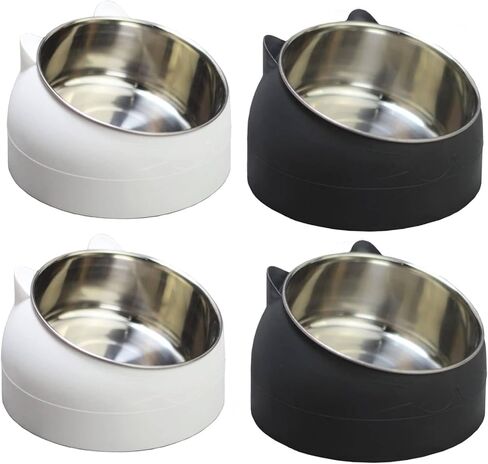 PINVNBY 4PCS Raised Cat Bowl Tilted 15° Slanted Elevated Bulldog Feeder Non-Spill Dog Kitten Food Dish Anti-Slip Detachable Pet Stainless Steel Slope Base for Small Pets (13.5oz/400ML Black+White) in Saudi Arabia