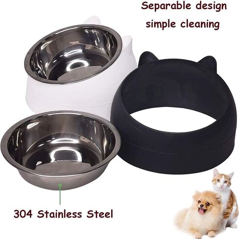 PINVNBY 4PCS Raised Cat Bowl Tilted 15° Slanted Elevated Bulldog Feeder Non-Spill Dog Kitten Food Dish Anti-Slip Detachable Pet Stainless Steel Slope Base for Small Pets (13.5oz/400ML Black+White) in Saudi Arabia