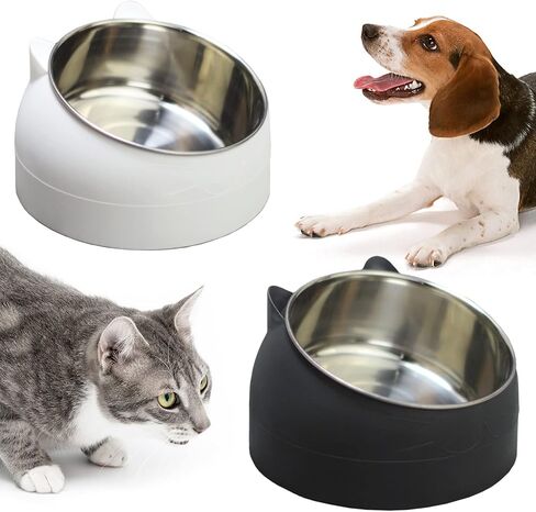 PINVNBY 4PCS Raised Cat Bowl Tilted 15° Slanted Elevated Bulldog Feeder Non-Spill Dog Kitten Food Dish Anti-Slip Detachable Pet Stainless Steel Slope Base for Small Pets (13.5oz/400ML Black+White) in Saudi Arabia