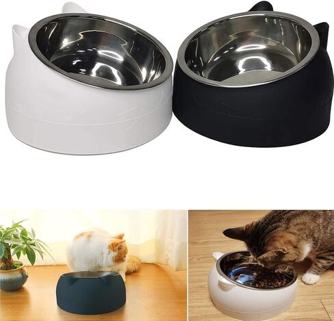 PINVNBY 4PCS Raised Cat Bowl Tilted 15° Slanted Elevated Bulldog Feeder Non-Spill Dog Kitten Food Dish Anti-Slip Detachable Pet Stainless Steel Slope Base for Small Pets (13.5oz/400ML Black+White) in Saudi Arabia