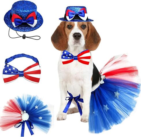 4th of July Dog Costume American Flag Bow Tie Collar Pet Top Hat Mesh Tutu Skirt 3pcs Patriotic Party Outfit Independence Day Caps Collar Dress Supplies for Dogs Cats Puppy Kitty Decorations in Saudi Arabia