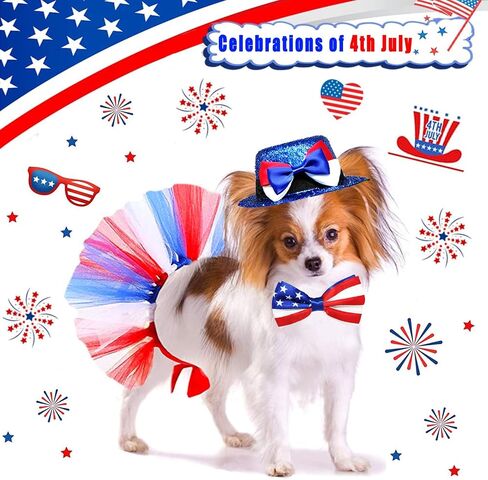 4th of July Dog Costume American Flag Bow Tie Collar Pet Top Hat Mesh Tutu Skirt 3pcs Patriotic Party Outfit Independence Day Caps Collar Dress Supplies for Dogs Cats Puppy Kitty Decorations in Saudi Arabia