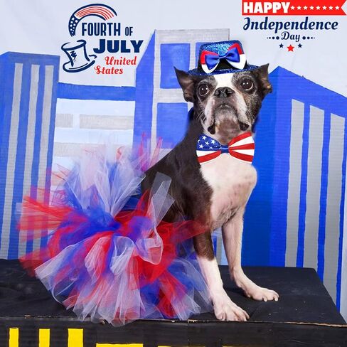 4th of July Dog Costume American Flag Bow Tie Collar Pet Top Hat Mesh Tutu Skirt 3pcs Patriotic Party Outfit Independence Day Caps Collar Dress Supplies for Dogs Cats Puppy Kitty Decorations in Saudi Arabia