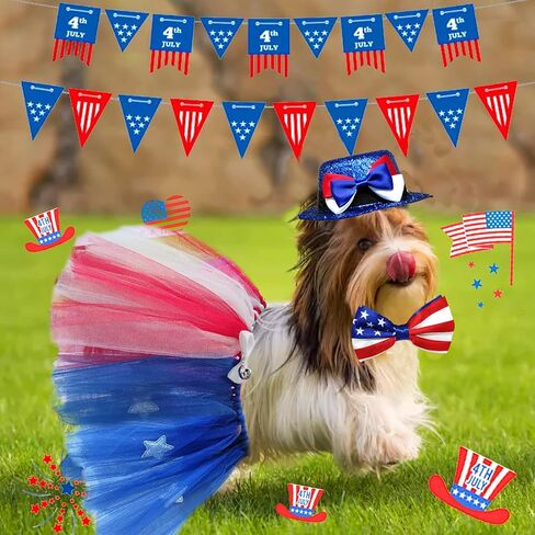 4th of July Dog Costume American Flag Bow Tie Collar Pet Top Hat Mesh Tutu Skirt 3pcs Patriotic Party Outfit Independence Day Caps Collar Dress Supplies for Dogs Cats Puppy Kitty Decorations in Saudi Arabia