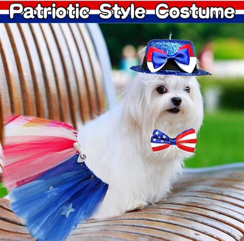4th of July Dog Costume American Flag Bow Tie Collar Pet Top Hat Mesh Tutu Skirt 3pcs Patriotic Party Outfit Independence Day Caps Collar Dress Supplies for Dogs Cats Puppy Kitty Decorations in Saudi Arabia