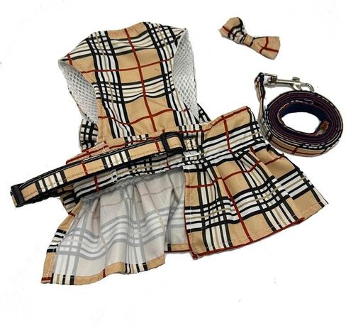 Furberry Dog Dress Bow & Leash Harness Apparel Plaid Small Dogs Cute Outfit Summer Clothes Fashion Princess Puppy French Bulldog Dachshund Chihuahua Cats Maltese Girl in Saudi Arabia