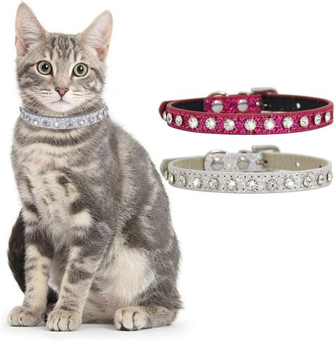 Urieo Rhinestone Cat Collars Silver PU Leather Kitten Collar Bling Classy Pet Collars Adjustable for Puppy Rabbits and Small Dogs (Pack of 2) in Saudi Arabia