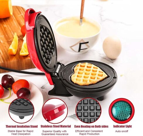 Mini Waffle Maker,4 Inch Non-Stick Griddle for Waffles,Heart Shape Design Waffle Iron,Portable Pancake Maker Machine for Kid,Easy to Clean,Perfect for Make Snacks,Sandwich,Eggs (Red) in Saudi Arabia