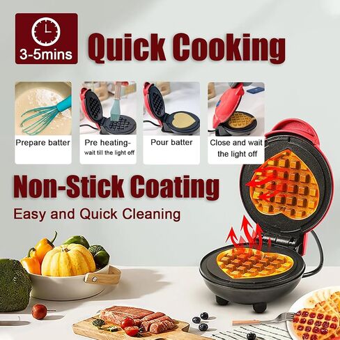 Mini Waffle Maker,4 Inch Non-Stick Griddle for Waffles,Heart Shape Design Waffle Iron,Portable Pancake Maker Machine for Kid,Easy to Clean,Perfect for Make Snacks,Sandwich,Eggs (Red) in Saudi Arabia