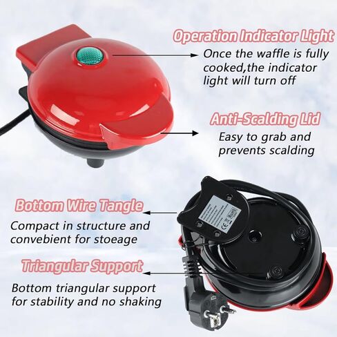 Mini Waffle Maker,4 Inch Non-Stick Griddle for Waffles,Heart Shape Design Waffle Iron,Portable Pancake Maker Machine for Kid,Easy to Clean,Perfect for Make Snacks,Sandwich,Eggs (Red) in Saudi Arabia