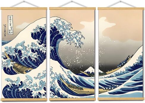 3pcs Canvas Wall Art with Frames, Large Japanese Traditional Art The Great Wave Off Kanagawa Decor Posters Landscape for Office Home Decor Bedroom Living Room Wall Decor, 16 * 31in in Saudi Arabia