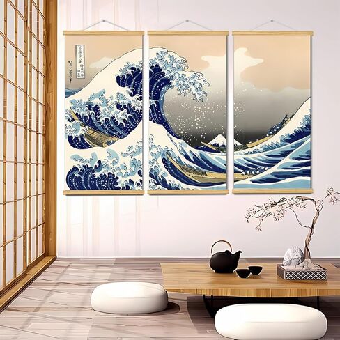 3pcs Canvas Wall Art with Frames, Large Japanese Traditional Art The Great Wave Off Kanagawa Decor Posters Landscape for Office Home Decor Bedroom Living Room Wall Decor, 16 * 31in in Saudi Arabia