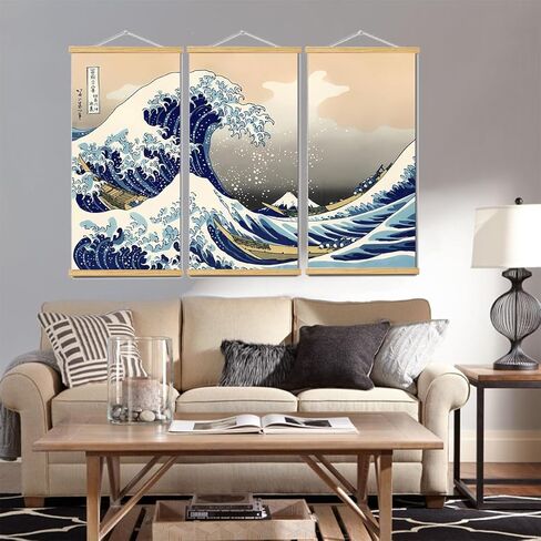 3pcs Canvas Wall Art with Frames, Large Japanese Traditional Art The Great Wave Off Kanagawa Decor Posters Landscape for Office Home Decor Bedroom Living Room Wall Decor, 16 * 31in in Saudi Arabia
