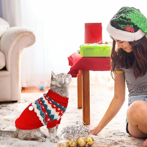 2PCS Puppy Christmas Sweater Cat Turtleneck Knitwear Xmas Elf Outfits Dog Warm Clothes Sweater for Kitties Puppies M in Saudi Arabia