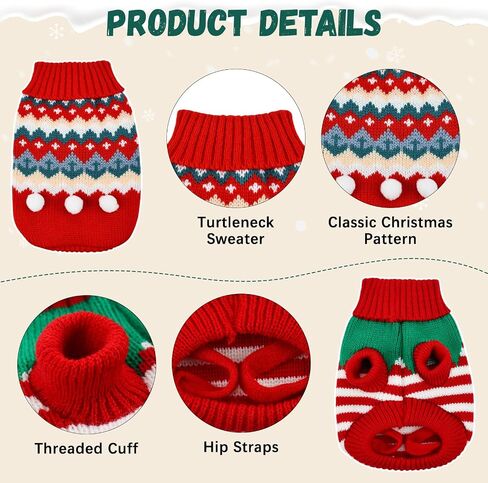 2PCS Puppy Christmas Sweater Cat Turtleneck Knitwear Xmas Elf Outfits Dog Warm Clothes Sweater for Kitties Puppies M in Saudi Arabia