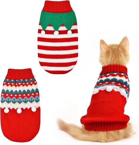 2PCS Puppy Christmas Sweater Cat Turtleneck Knitwear Xmas Elf Outfits Dog Warm Clothes Sweater for Kitties Puppies M in Saudi Arabia