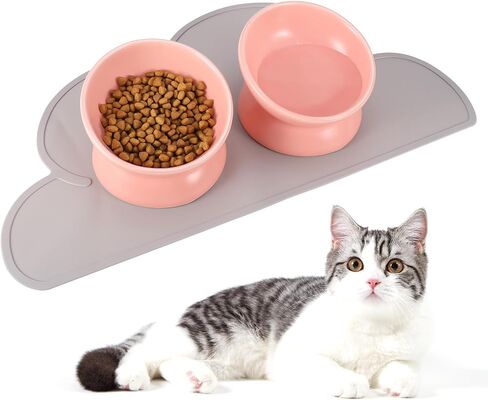 2 Pcs Ceramic Elevated Cat Bowls 15° Ceramic Tilted Cat Bowls with Silicone Non Slip Mat Raised Cat Food Water Bowls Set Anti Vomiting Microwave Dishwasher Safe for Indoor Cats Dogs, Pink in Saudi Arabia
