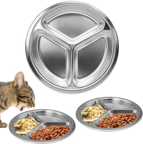 3 عبوات من أوعية القطط المصنوعة من الفولاذ المقاوم للصدأ، أطباق طعام ومياه ضحلة للقطط وأطباق معدنية واسعة مقسمة للحيوانات الأليفة مع 3 أقسام للكلاب والقطط الداخلية (قطر 10.2 بوصة) in Kuwait