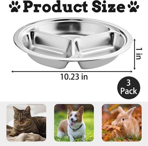 3 عبوات من أوعية القطط المصنوعة من الفولاذ المقاوم للصدأ، أطباق طعام ومياه ضحلة للقطط وأطباق معدنية واسعة مقسمة للحيوانات الأليفة مع 3 أقسام للكلاب والقطط الداخلية (قطر 10.2 بوصة) in Kuwait