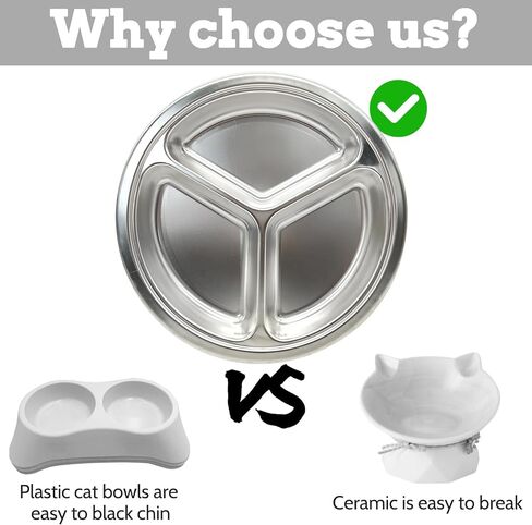 3 عبوات من أوعية القطط المصنوعة من الفولاذ المقاوم للصدأ، أطباق طعام ومياه ضحلة للقطط وأطباق معدنية واسعة مقسمة للحيوانات الأليفة مع 3 أقسام للكلاب والقطط الداخلية (قطر 10.2 بوصة) in Kuwait