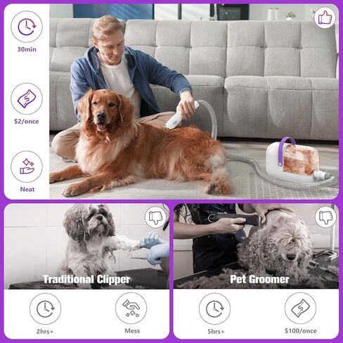 Dog Grooming Kit&Vacuum, 3L Pet Grooming Vacuum 99% Pet Hair Suction, 5 Pet Grooming Tools, 5 Combs, Quiet Pet Vacuum Groomer with Hair Roller, Massage Nozzle for Shedding Dogs, Cats in Saudi Arabia