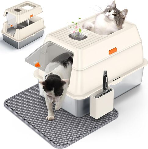 STARKMAN Enclosed Stainless Steel Cat Litter Box with Lid, Extra Large Side Entry Litter Box for Big Cats, with High Sides for Multiple Big Cats, Metal Cat Litter Box Never Absorbs Odors (White) in Saudi Arabia