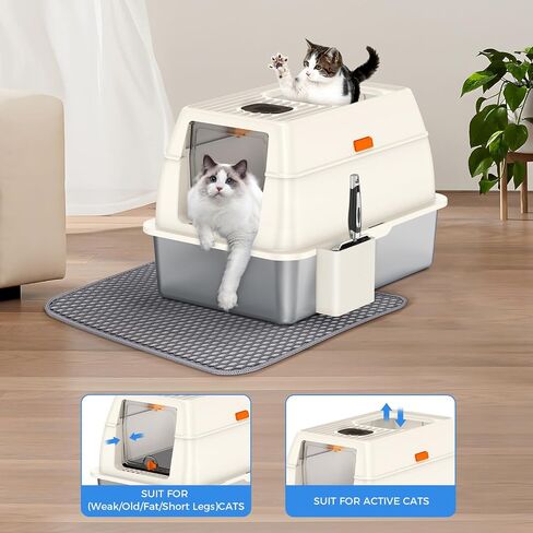 STARKMAN Enclosed Stainless Steel Cat Litter Box with Lid, Extra Large Side Entry Litter Box for Big Cats, with High Sides for Multiple Big Cats, Metal Cat Litter Box Never Absorbs Odors (White) in Saudi Arabia