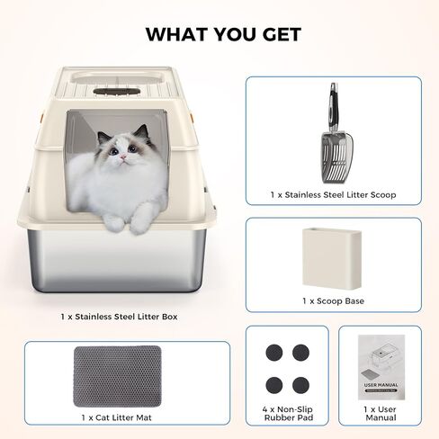 STARKMAN Enclosed Stainless Steel Cat Litter Box with Lid, Extra Large Side Entry Litter Box for Big Cats, with High Sides for Multiple Big Cats, Metal Cat Litter Box Never Absorbs Odors (White) in Saudi Arabia