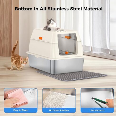 STARKMAN Enclosed Stainless Steel Cat Litter Box with Lid, Extra Large Side Entry Litter Box for Big Cats, with High Sides for Multiple Big Cats, Metal Cat Litter Box Never Absorbs Odors (White) in Saudi Arabia