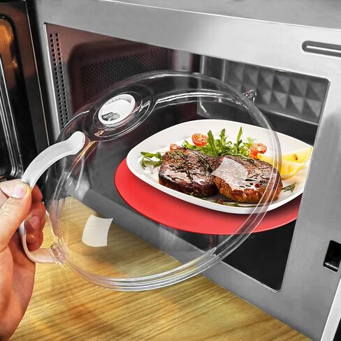 2 in 1, JesDiary Clear Microwave Cover & Multi-Purpose Mat- Mat as Bowl Holders, Cover for Plate Food Splatter Guard, Microwave Cooking Lid & Silicone Versatile Trivet, Dishwasher Safe,10.5inch, Red in Saudi Arabia